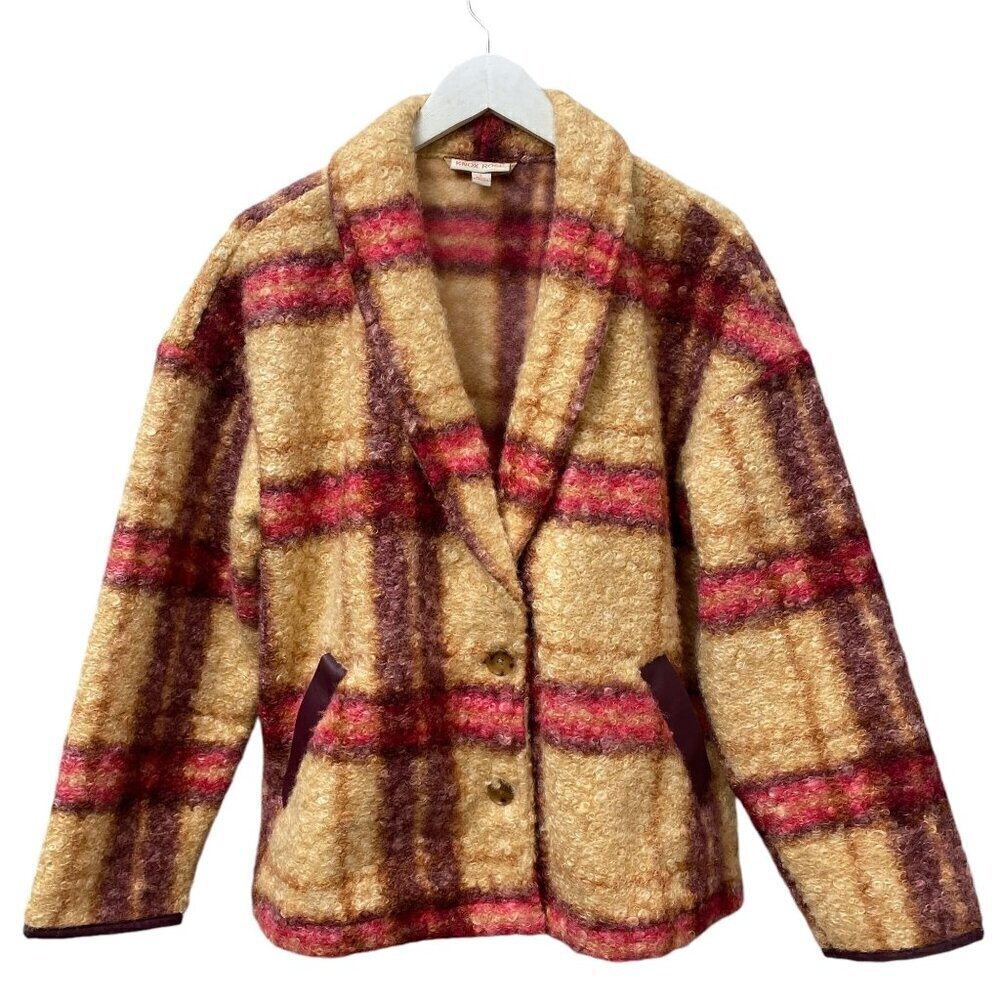 KNOX ROSE Plaid Jacket Large Beige Red  Womens Fleece Cozy Peacoat NWOT